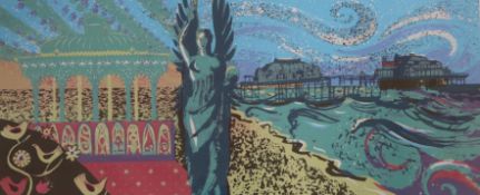 Sarah Young, limited edition screenprint, ‘Starlings Over West Pier’, 61/100, signed, 32 x 64cm