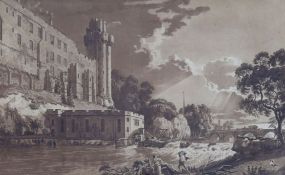 Paul Sandby RA (1730-1809) Warwick Castle, c.1775watercolour and ink en grisailleAquatints of the