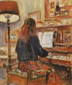 Michael Blaker (1928-2018) - Catriona at the piano, oil on board, signed, unframed, 60 x 50.5cm