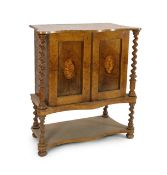 A 19th century Irish yew wood, oyster veneered and burr wood serpentine collector's cabinet, with