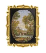 A 19th century Italian gold mounted micro-mosaic plaque, depicting an Italianate landscape, 5.5 x