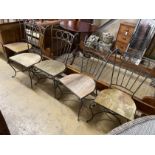 Five wrought iron wood seat garden chairs