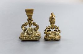 Two Victorian yellow metal overlaid and quartz set fob seals, (1 a.f.), largest 24mm.