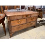 A George III oak and mahogany four drawer low chest, altered, width 133cm, depth 56cm, height 82cm