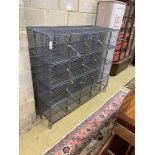 A pair of vintage wrought iron and wirework 20 door lockers, each width 153cm, depth 32cm, height