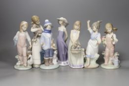 A collection of seven Lladro figures, tallest 22 cm, to include a girl with lamb, a girl with duck