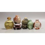 Five Chinese jade, glass and hardstone snuff bottles, the largest 7cm