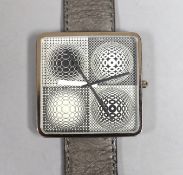 A modern Victor Vasarely for Bulova, Op Art 'Four Squares' quartz wrist watch, with box and papers.