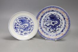 A Chinese blue and white ’dragon’ dish and similar plate, plate 20 cms diameter.