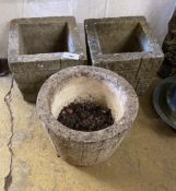 A pair of reconstituted stone 'brick' square garden planters, width 33cm, height 30cm together