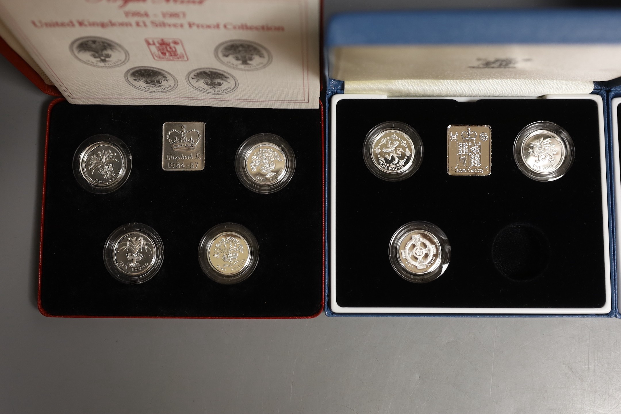 Three cased Royal Mint UK silver proof £1 coin collections 1984-87, 1994-96, 2004-07 and a 200th - Image 2 of 3