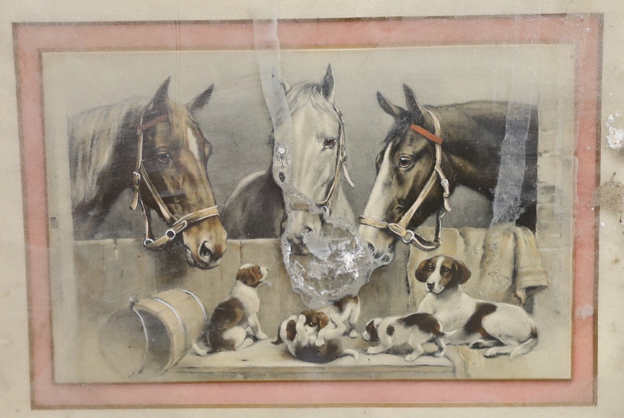 English school, early 20th century, hand coloured lithographed, stable scene depicting hounds
