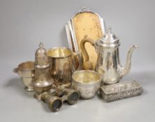 A George V silver coffee pot, London, Carrington & Co 1933, an earlier silver mug by Elkington & Co,