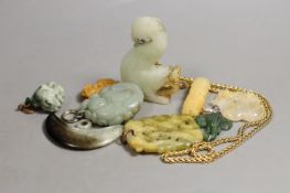 A group of Chinese Jade and hardstone carvings, plaques and figures, largest 8.2 cm (9)