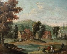 Follower of Jacob Salomonsz van Ruysdael (Dutch, 1629-1682) Figures in a landscape with houses and