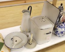 A group of white enamel kitchenalia, bread bin, bowl, jug etc-bread bin 31 cms wide x 30 high.
