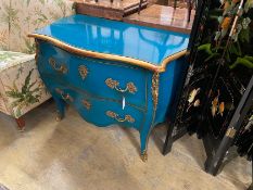 A Louis XV design gilt metal mounted aquamarine lacquered chestnut bombe commode, width 114cm, depth