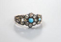A Georgian yellow metal, diamond and turquoise set cluster ring, with turquoise and diamond set