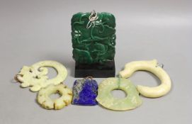 A large Chinese jadeite ‘fish’ plaque, 10 cm high and five various hardstone or bowenite jade
