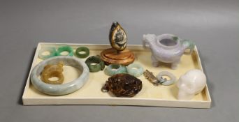 A group of Chinese jadeite rings, a censer and other carvings