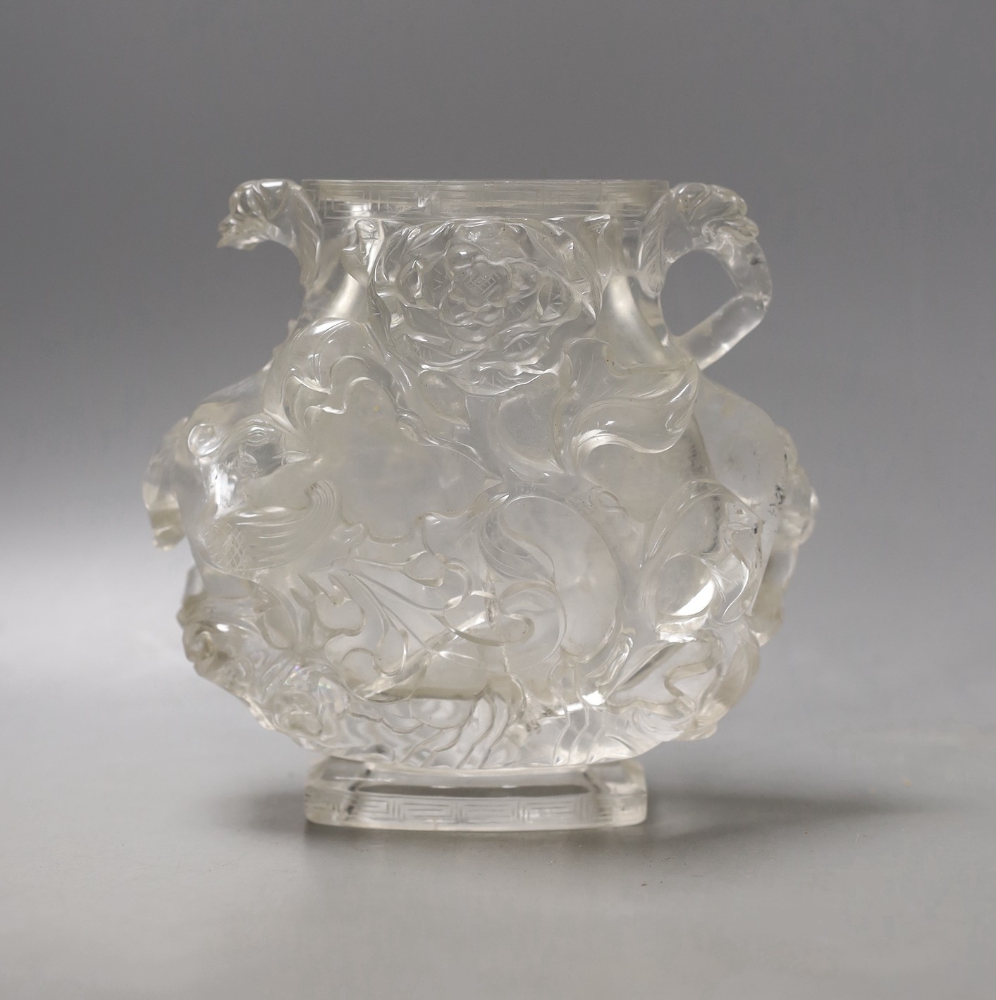 A Chinese rock crystal ‘phoenix’ vase, 15cm tall