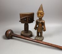 A Zulu knobkerrie, an Ibeji wood figure and a Ghanaian Fanti fertility figure- Knobkerrie 73 cms