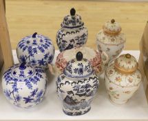 Three pairs of Oriental style ceramics vases and two lidded tureens- lidded blue and white vases