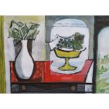 Modern British Still life of a vase and bowl of grapes upon a table topgouache and watercolour on