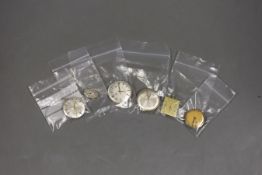 Six assorted wrist watch movements including Longines, Langton, Nivada, Tissot, Doxa and lady's oval