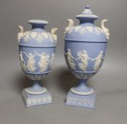 A 19th century Wedgwood blue jasper vase and another smaller c.1900, latter without cover, 26 cms