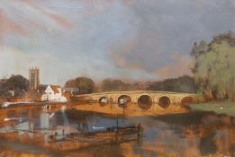 Modern British, oil on canvas, River landscape with church and stone bridge, 50 x 76cm, unframed