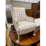 A Louis XVI style painted beech upholstered armchair, width 66cm, depth 64cm, height 99cm