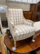 A Louis XVI style painted beech upholstered armchair, width 66cm, depth 64cm, height 99cm