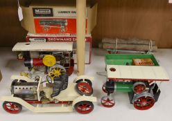 A boxed Mamod Showman's Engine and Lumbar wagon, and unboxed Steam Tractor and roadster- roadster 39