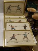 James Gwyn, Six 18th century hand coloured engravings of fencing, publ. 1763, 28 x 44cm