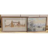 B Casson, 20th century, watercolour, Thames shipping, signed, 37 x 50cm, and John L Baker (b.
