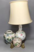 A Chinese table lamp, two Chinese Republic period enamelled porcelain jars, tallest 18.5 cm two