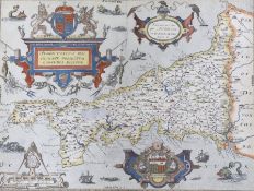 Kip after Saxton, coloured reprint, Map of Cornwall 1576, 37 x 50cm**CONDITION REPORT**PLEASE NOTE:-