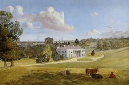 19th century English School, oil on panel, Country house with cattle in parkland, 32 x 47cm**