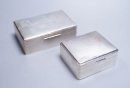 A late 1950's engine turned silver mounted rectangular cigarette box, by Mappin & Webb, 14cm and one