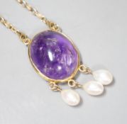 A modern 375 yellow metal mounted cabochon amethyst and three stone culture pearl set drop