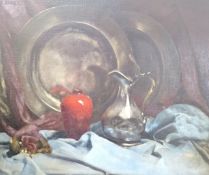 C. Engel, oil on canvas, still life of a vase and pewter ware, signed, 52 cm at 62 cm**CONDITION