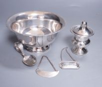 A group of small silver and white metal items including a sterling pedestal bowl. sterling 'Humpty