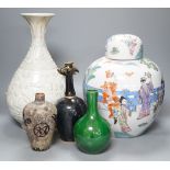 A Qingbai type bottle vase, a jar and cover, an apple green crackle glazed vase, a paper cut vase
