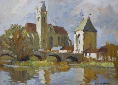 Edward Wesson (1910-1983), oil on panel, French riverside church, signed, 45 x 60cm**CONDITION