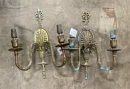 A set of four Sheraton style gilt metal two branch wall lights, height 36cm**CONDITION REPORT**