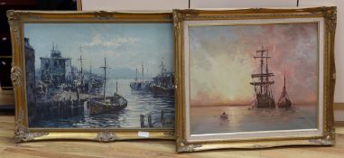 L.E. Bearn, oil on canvas, Fishing boats in harbour, 50 x 75cm and an oil of sailing ships by