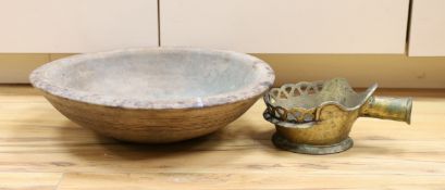 A 19th century Sycamore maizer bowl and a Chinese cast metal silk iron, diameter of bowl 42cm**