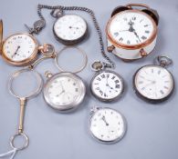 A small collection of six assorted pocket watches, including a silver open face, gun metal on a