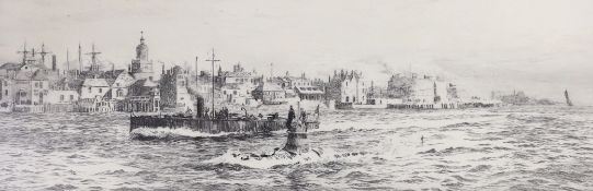 William Lionel Wyllie R.A., R.I., R.E. (1851-1931), etching, 'An early submarine entering Portsmouth